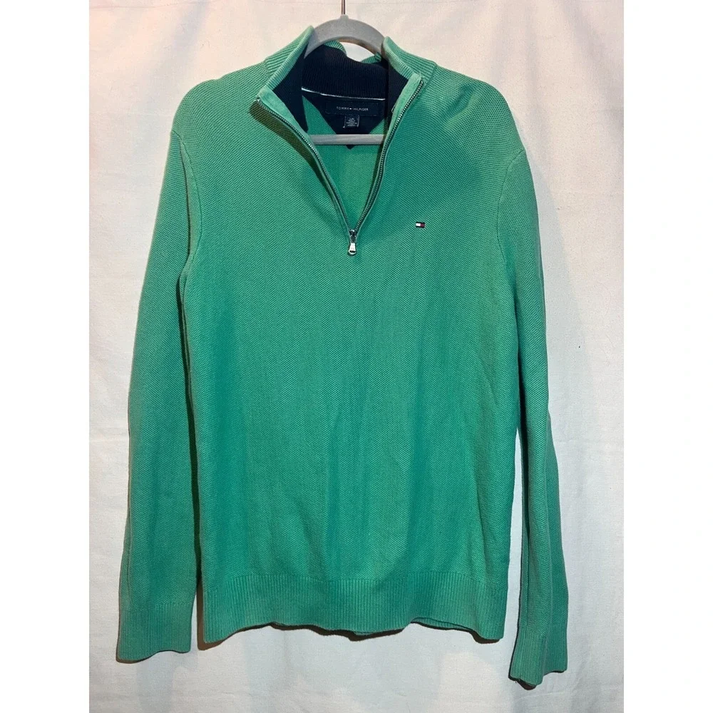 Tommy Hilfiger Mens SZ L 1/4 Zip Mock Neck Sweater Pullover Knit  Green Logo B9